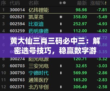 黄大仙三肖三码必中三：解密选号技巧，稳赢数字游戏